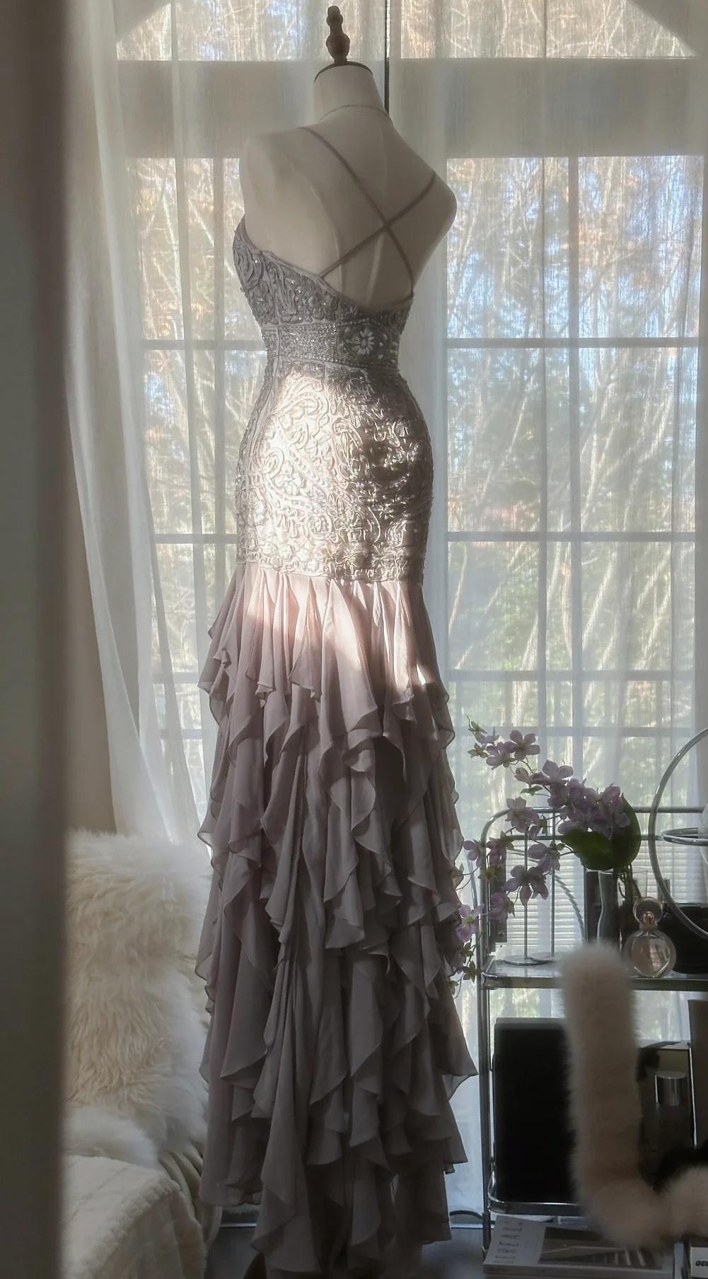 Elegant Purple Spaghetti Strap Appliques Bodycon Open Back Evening Dresses Chiffon Sequin Long Prom Dresses