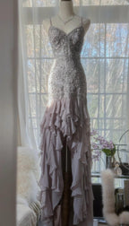 Elegant Purple Spaghetti Strap Appliques Bodycon Open Back Evening Dresses Chiffon Sequin Long Prom Dresses