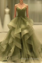 Spaghetti Strap Green A Line Long Formal Prom Dresses Formal Evening Gown Party Dresses