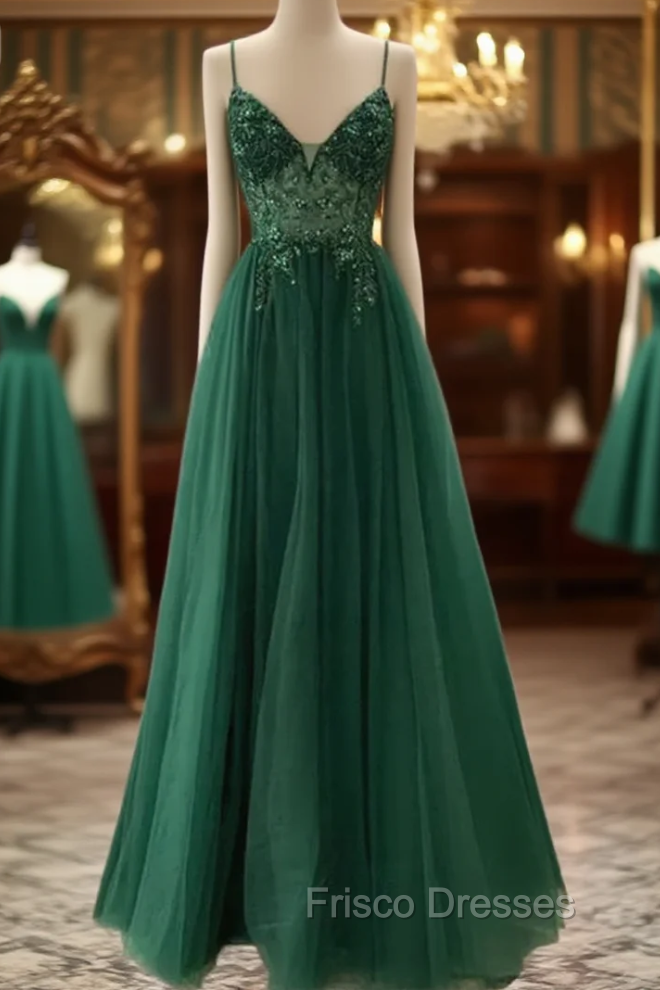 Spaghetti Strap Green A Line Long Formal Prom Dress V Neck Formal Evening Gown Party Dress