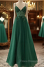 Spaghetti Strap Green A Line Long Formal Prom Dress V Neck Formal Evening Gown Party Dress