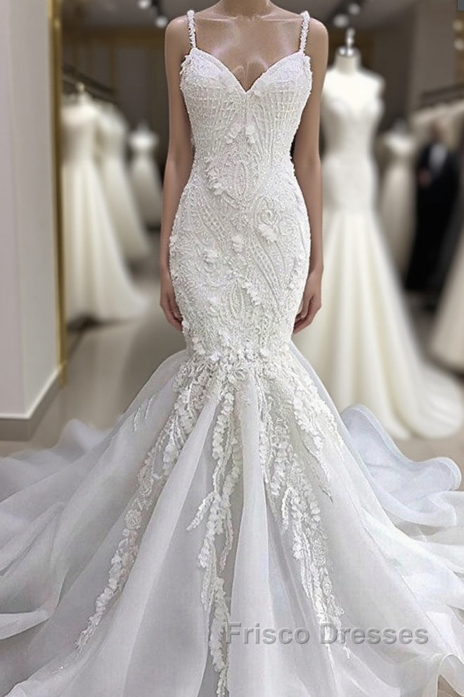 Spaghetti Strap Real Model White Mermaid Wedding Dress with AmazingLace Appliques Main image