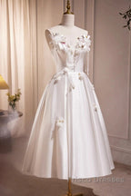 Spaghetti Strap Satin White Floral Short Formal Prom Dress