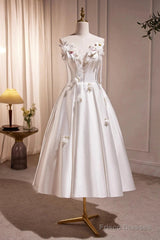 Spaghetti Strap Satin White Floral Short Prom Dress