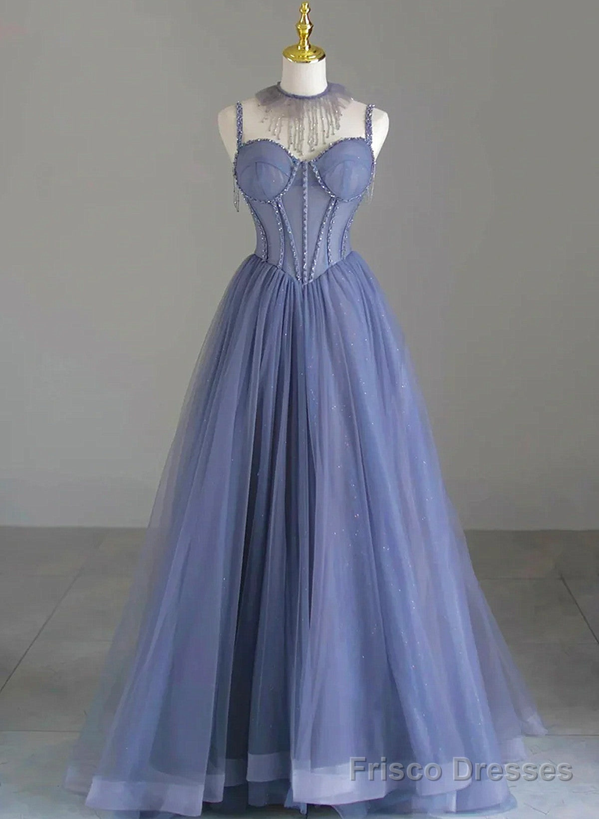 Spaghetti Strap Tulle Beaded Long Prom Dress, Beautiful A-Line Evening Party Dress Main image