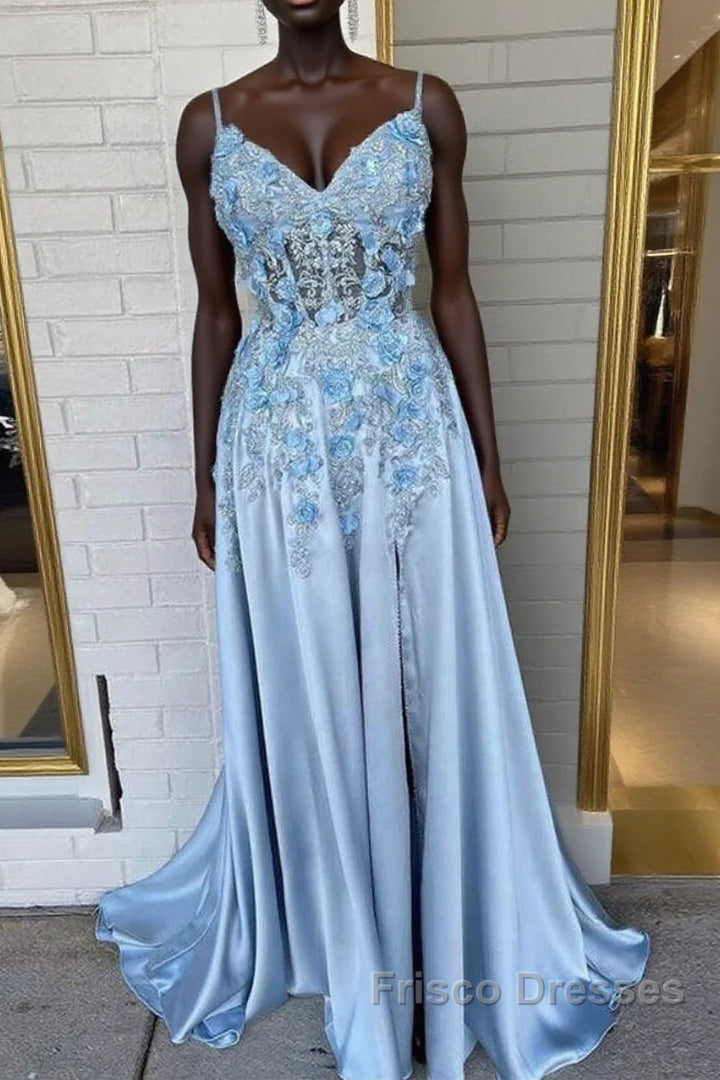 Spaghetti Straps 3D Flowers Formal Prom Dress A Line Formal Gown