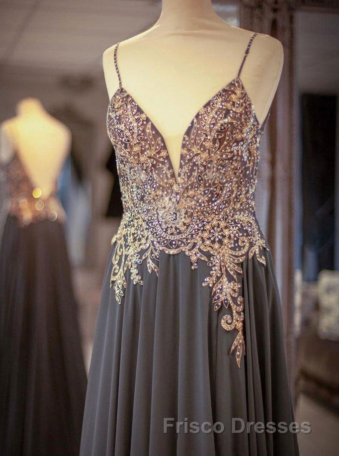 Gray Spaghetti Straps A-line Beaded Long Formal Prom Dress Secondary image