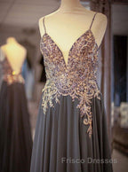Gray Spaghetti Straps A-line Beaded Long Formal Prom Dress