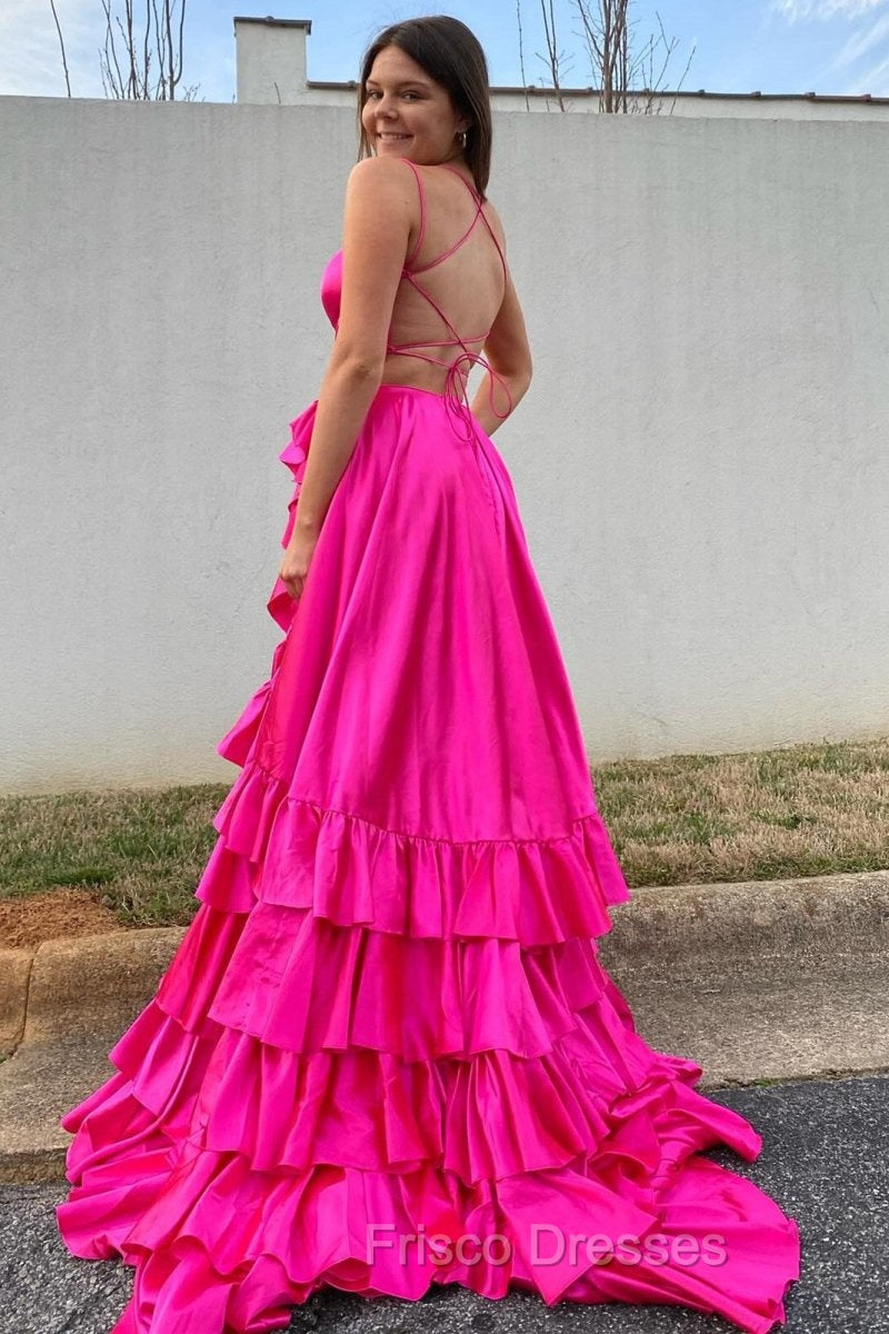 Spaghetti Straps A Line Lace-Up Ruffle Tiered Red Prom Dress with Slit