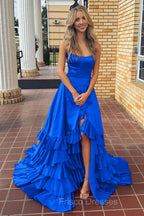 Spaghetti Straps A Line Lace-Up Ruffle Tiered Red Prom Dress with Slit
