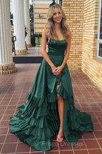 Spaghetti Straps A Line Lace-Up Ruffle Tiered Red Prom Dress with Slit