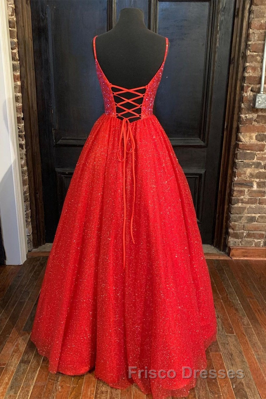 Spaghetti Straps A-line Red Shiny Formal Prom Gown,Long Formal Prom Dress