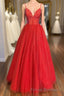 Spaghetti Straps A-line Red Shiny Formal Prom Gown,Long Formal Prom Dress