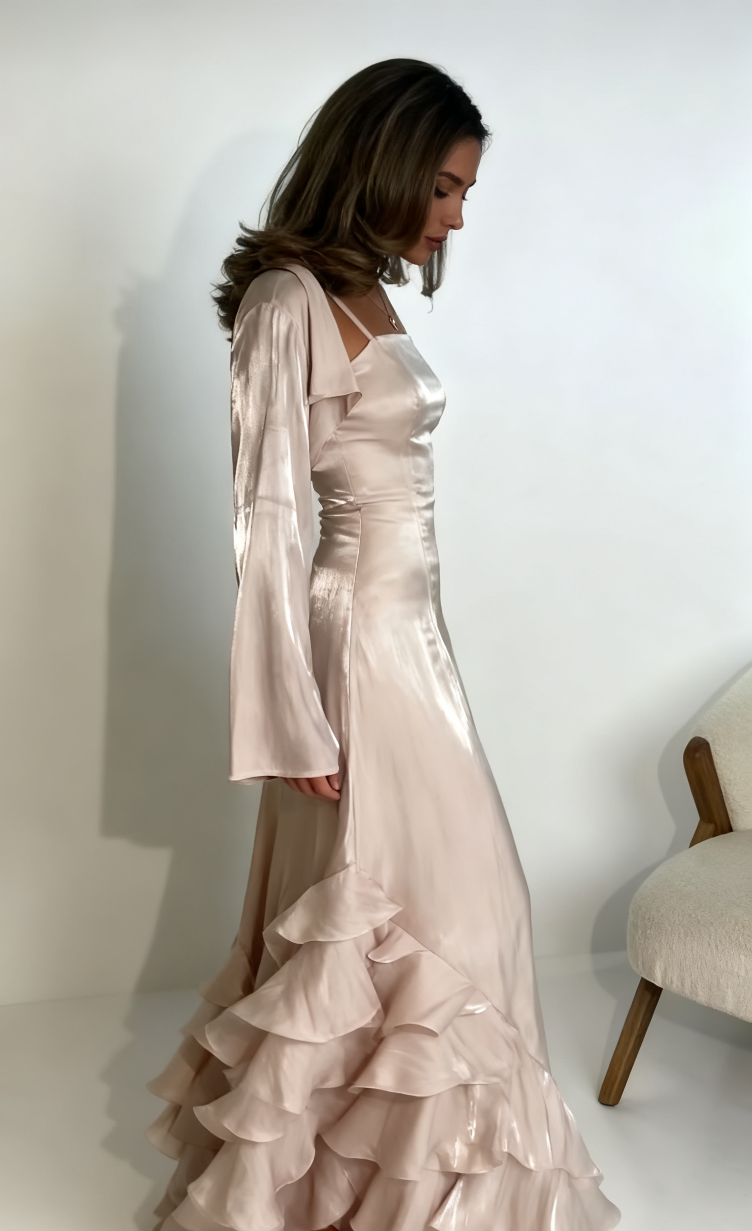 Spaghetti Straps A Line Ruffled Long Prom Dresses