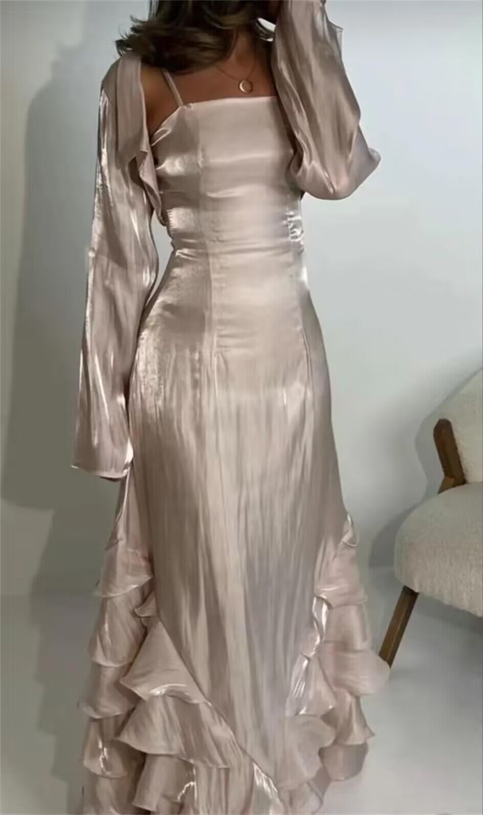 Spaghetti Straps A Line Ruffled Long Prom Dresses