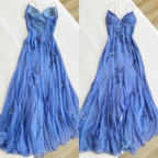 Spaghetti Straps Appliques A Line Long Prom Dresses