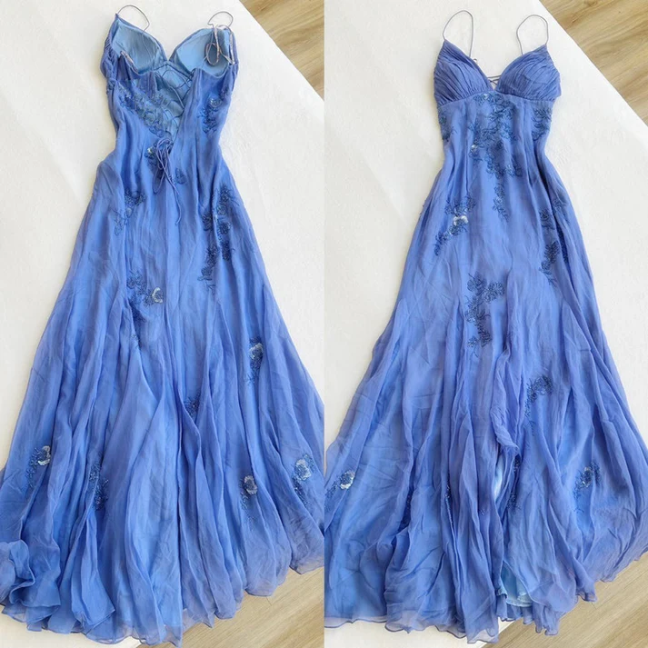Spaghetti Straps Appliques A Line Long Prom Dresses