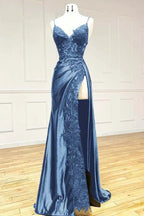 Black Fashion Classy Sexy V-Neck Exquisite Lace Spaghetti Straps Side Slits Long Satin Prom Dress Evening Dress Party Dress