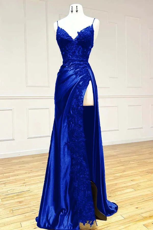 Black Fashion Classy Sexy V-Neck Exquisite Lace Spaghetti Straps Side Slits Long Satin Prom Dress Evening Dress Party Dress