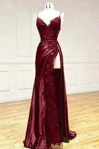 Black Fashion Classy Sexy V-Neck Exquisite Lace Spaghetti Straps Side Slits Long Satin Prom Dress Evening Dress Party Dress