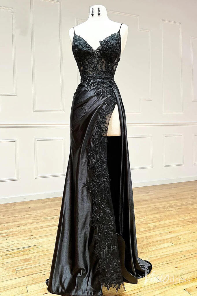 Black Fashion Classy Sexy V-Neck Exquisite Lace Spaghetti Straps Side Slits Long Satin Prom Dress Evening Dress Party Dress Main image