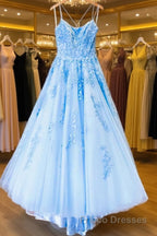 Spaghetti Straps Backless Blue Lace Formal Prom Dresses, Open Back Blue Lace Formal Evening Dresses