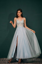 Spaghetti Straps Beading Front Split Long Sky Blue Prom Dresses