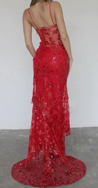 Spaghetti Straps Birthday Party Dresses Red Lace Prom Dresses