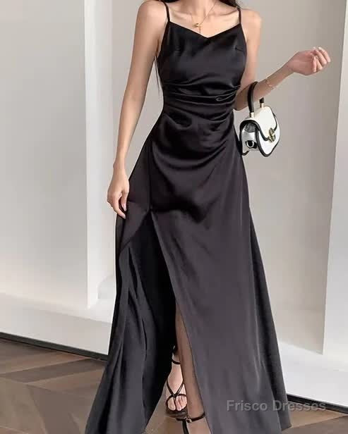 Spaghetti Straps Black A Line Satin Long Prom Dresses With Slit Secondary image