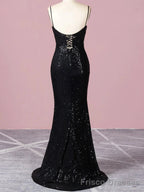 Spaghetti Straps Black Sequin Prom Dress Mermaid Skirt