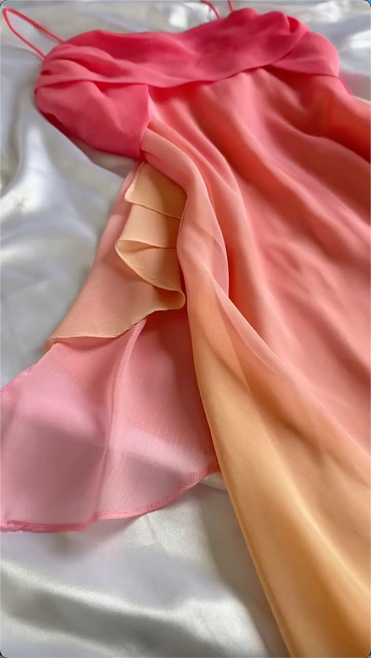 Blue/Orange Fashion Gradient Elegant Spaghetti Strap Long Chiffon Prom Dress Evening Dress Party Dress