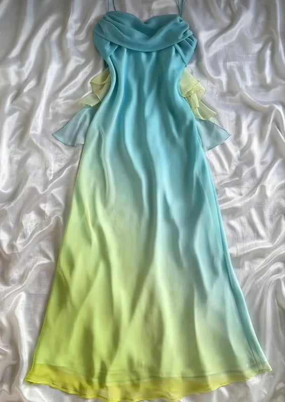 Blue/Orange Fashion Gradient Elegant Spaghetti Strap Long Chiffon Prom Dress Evening Dress Party Dress Main image
