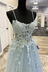 Spaghetti Straps Blue Lace Formal Prom Dress, Blue Lace Long Formal Evening Dress