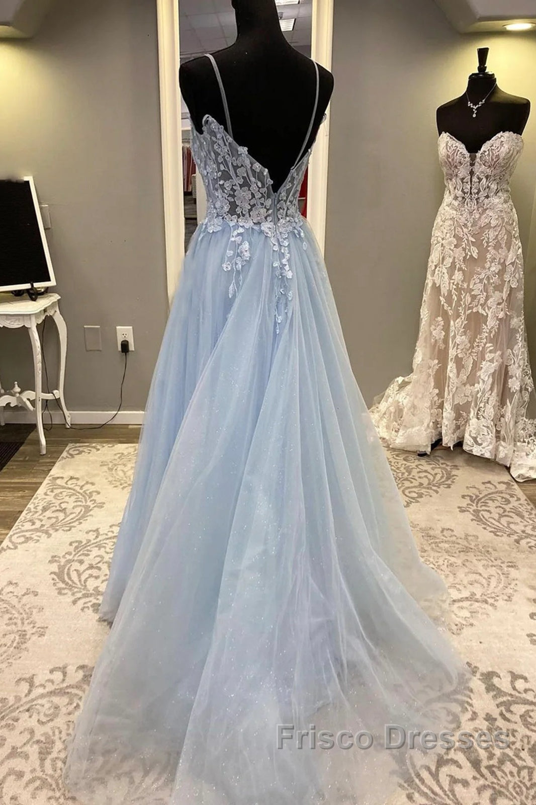 Spaghetti Straps Blue Lace Formal Prom Dress, Blue Lace Long Formal Ev