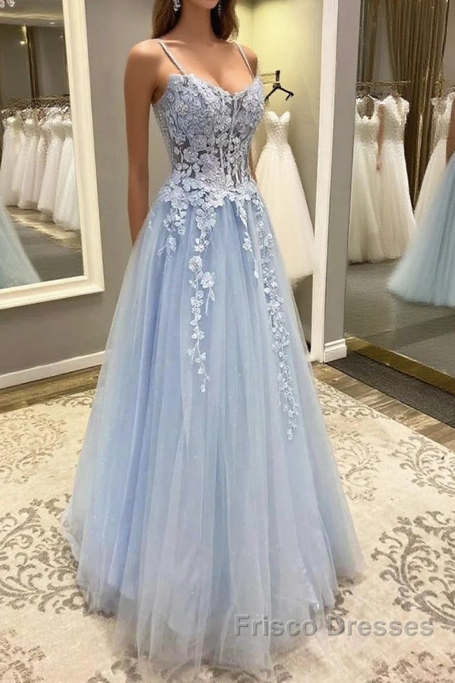 Spaghetti Straps Blue Lace Formal Prom Dress, Blue Lace Long Formal Evening Dress Main image