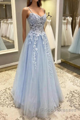 Spaghetti Straps Blue Lace Formal Prom Dress, Blue Lace Long Formal Evening Dress