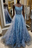Spaghetti Straps Blue Lace Formal Prom Dress, Blue Lace Long Formal Graduation Dress