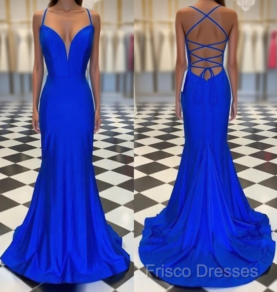 Spaghetti Straps Blue Satin Mermaid Formal Prom Dress Main image