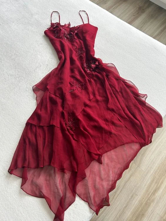 Burgundy Red Applique Spaghetti Straps Elegant And Charming A-Line Long Ruffled Chiffon Ball Gown Evening Dress Party Dress Secondary image