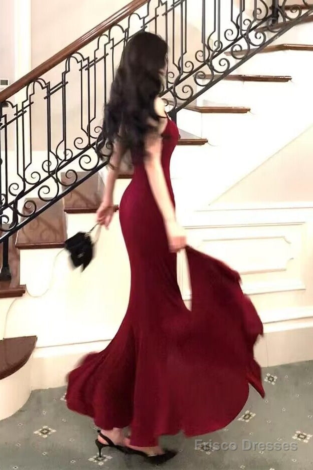 Spaghetti Straps Burgundy Mermaid Long Prom Dresses Secondary image