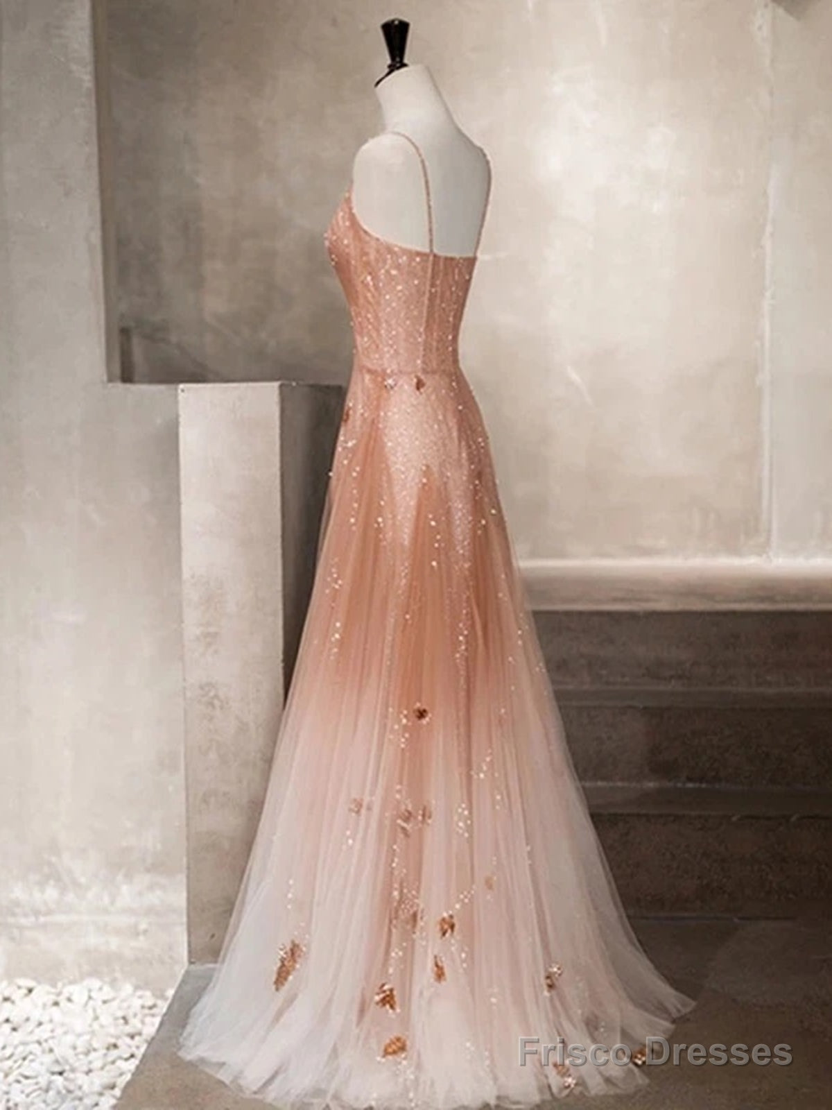Spaghetti Straps Champagne Tulle Long Beaded Prom Dresses, A Line V Neck Champagne Formal Evening Dresses Secondary image
