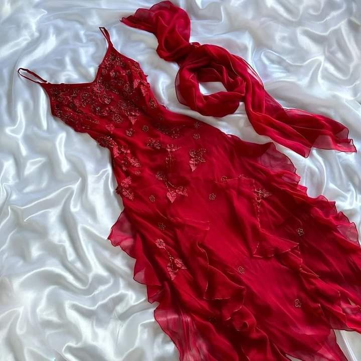 Spaghetti Straps Chiffon Ruffles Beading Red Prom Dress Party Evening Dress