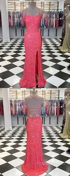Spaghetti Straps Coral Pink Sequin Mermaid Formal Prom Dress With Slit