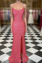 Spaghetti Straps Coral Pink Sequin Mermaid Formal Prom Dress With Slit