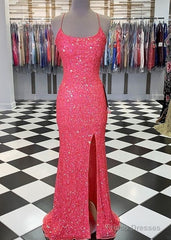 Spaghetti Straps Coral Pink Sequin Mermaid Prom Dress With Slit