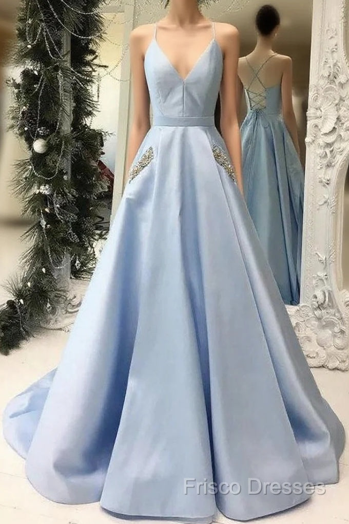 Spaghetti Straps Cross Back Floor-Length Stain Formal Prom Dress With Beading