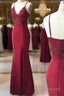 Spaghetti Straps Floor Length Burgundy Lace Formal Prom Dress, Burgundy Lace Formal Bridesmaid Dress