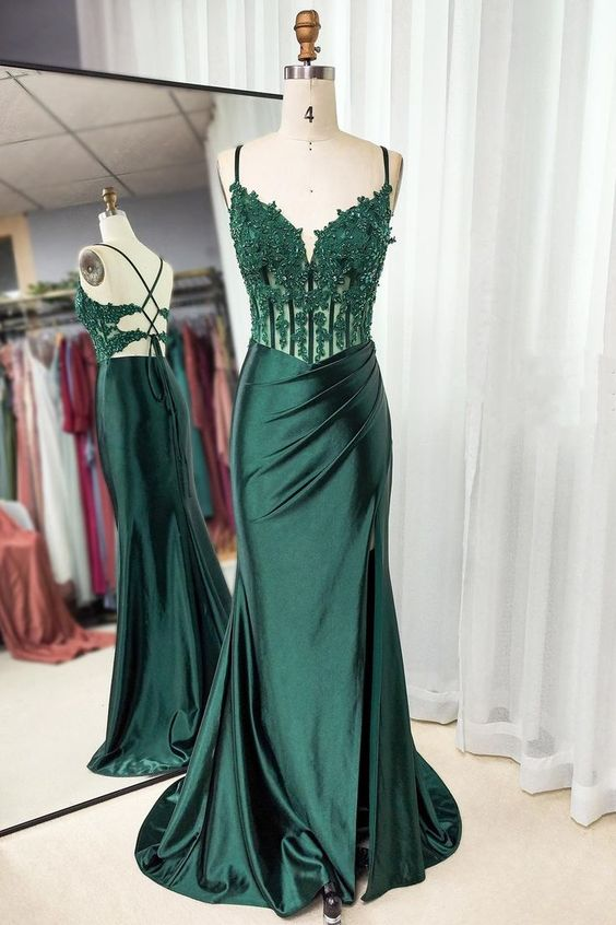 Spaghetti Straps Green Mermaid Prom Dress With Slit Satin Formal Dress Main image