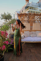Spaghetti Straps Green Sexy Prom Dress Long Evening Dresses With Split