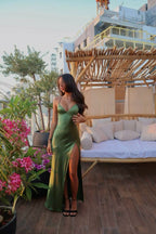 Spaghetti Straps Green Sexy Prom Dress Long Evening Dresses With Split